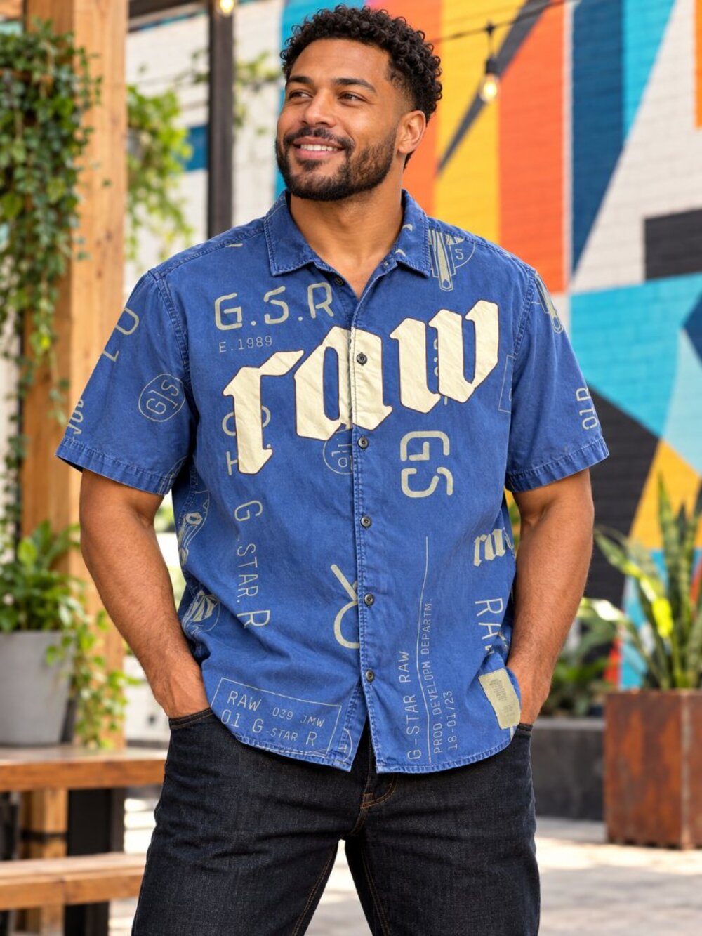 G-Star RAW Blue Graphic Hawaiian Shirt L Streetwear Y2K
